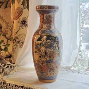 Vintage Chinese Moriage Pottery Vase Birds Pheasants Foliage Gilt Accents
